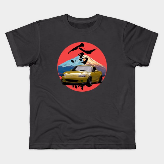 Yellow Mazda Miata/MX-5 - Mount Fuji Jinba Ittai Roadster Life Kids T-Shirt by mudfleap